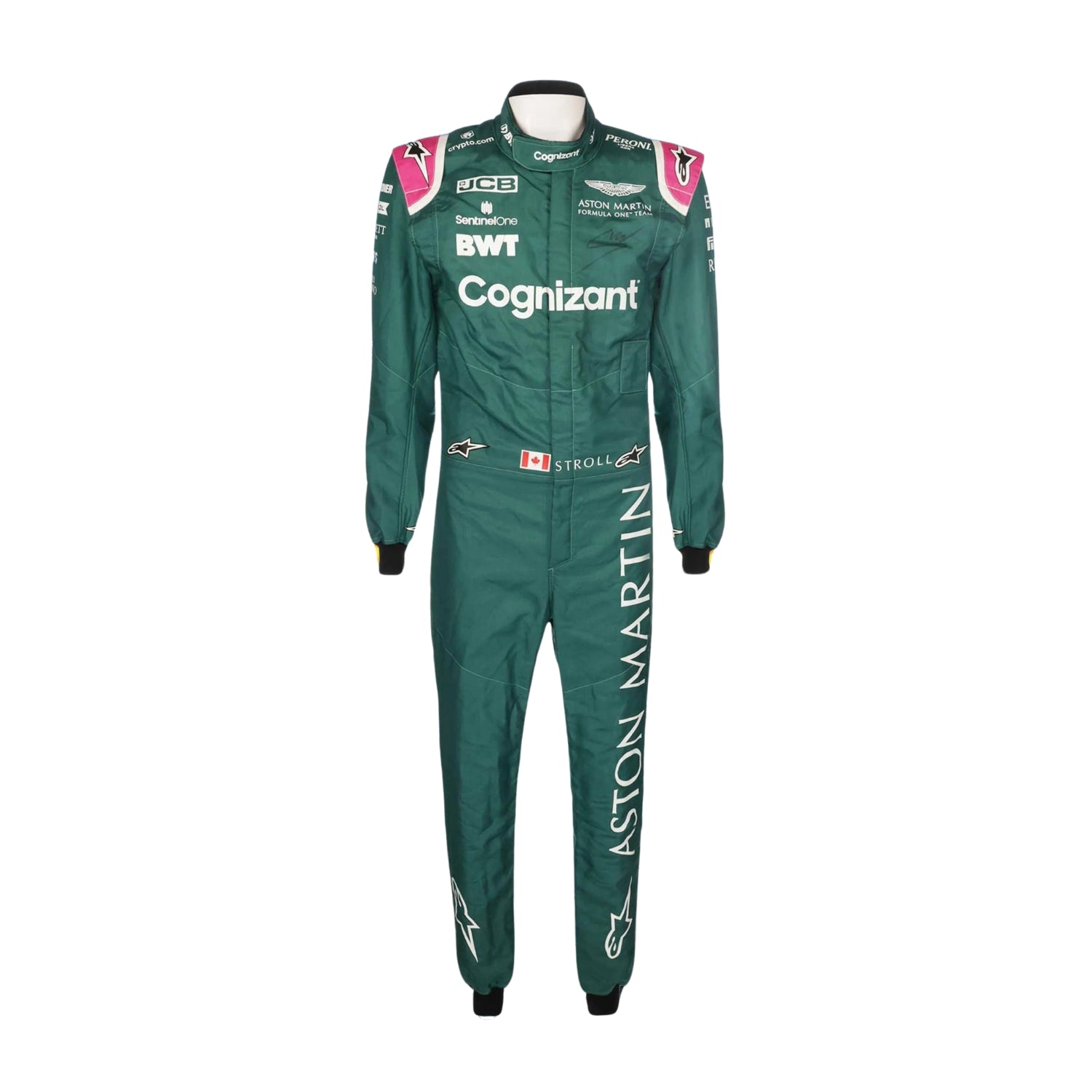 2021 Lance Stroll F1 Racing Suit Front View, Signature Green Shade, Zipper Closure, Sponsor Branding