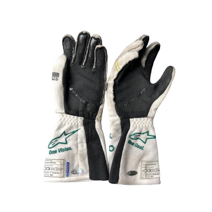 Pair of Lance Stroll 2023 Baku Worn F1 Racing Gloves, black and white with visible branding on a white background