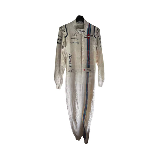 Front view of Lance Stroll’s 2017 F1 racing suit, showcasing embroidered sponsor logos, a streamlined design, and performance-focused features for agility and comfort during races.