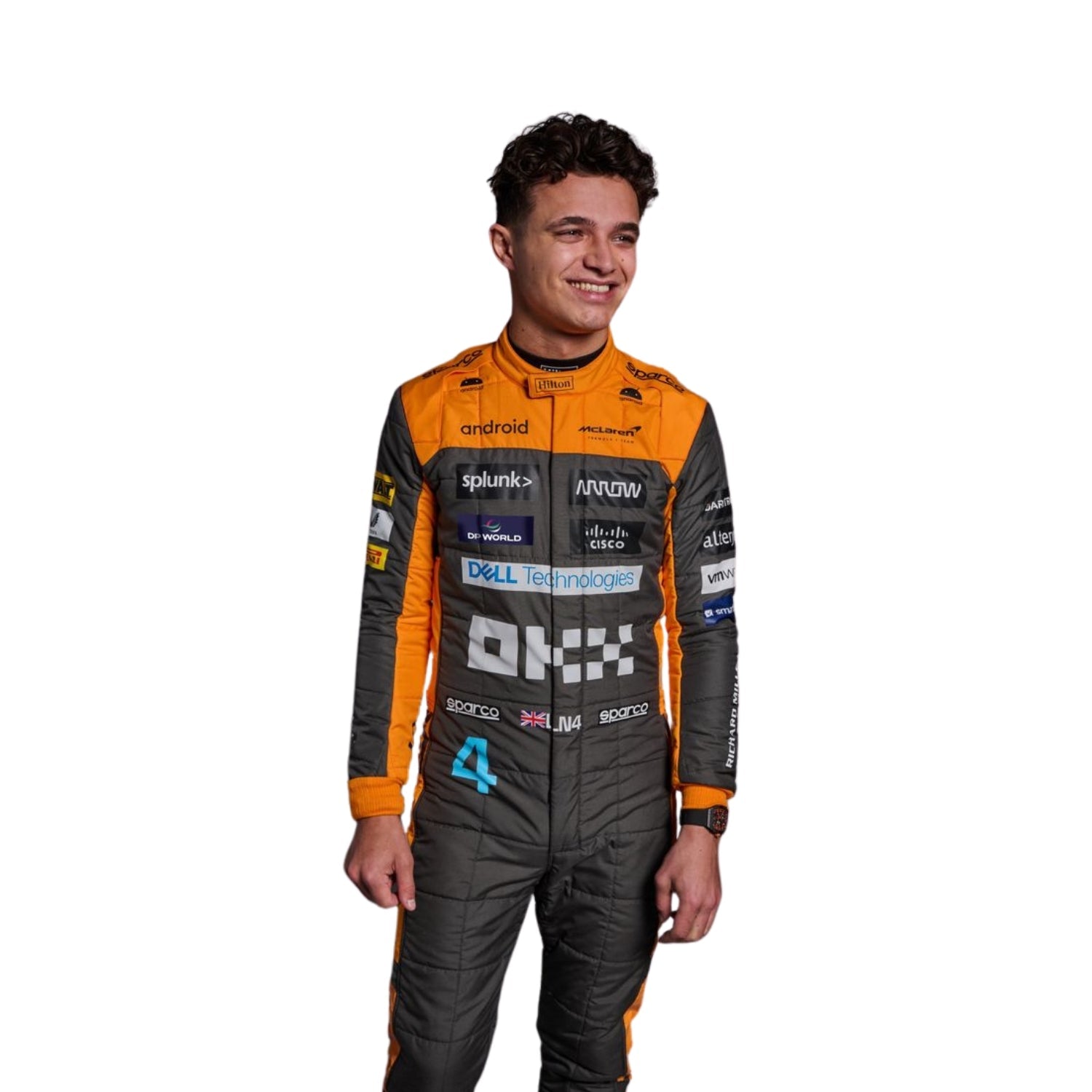 Zoomed-in look at Lando Norris’s 2023 suit featuring premium materials, high-contrast stitching, and detailed sponsor elements.