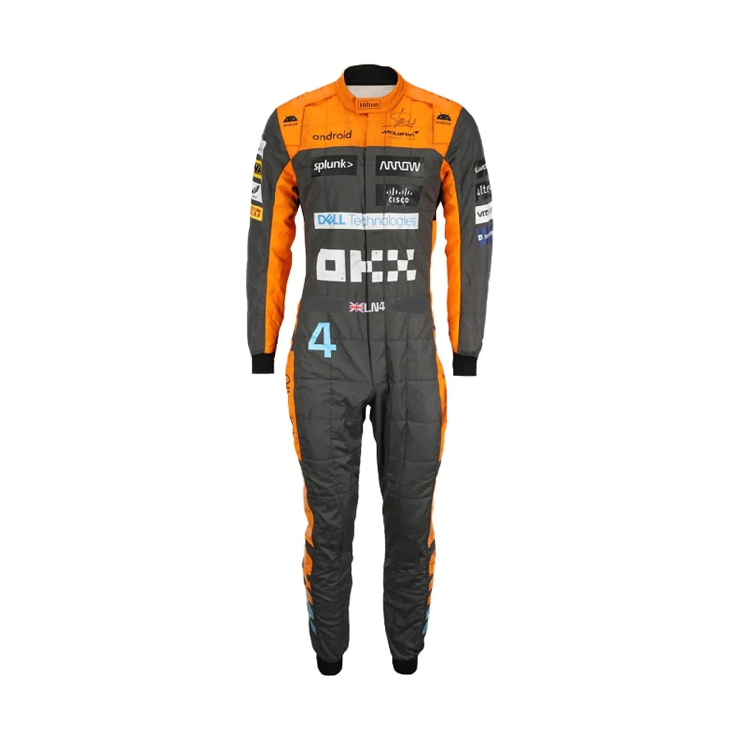 Lando Norris Karting Suit 2023 Front View, Blue and Orange Design with Team and Sponsor Logos