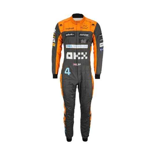 Lando Norris Karting Suit 2023 Front View, Blue and Orange Design with Team and Sponsor Logos