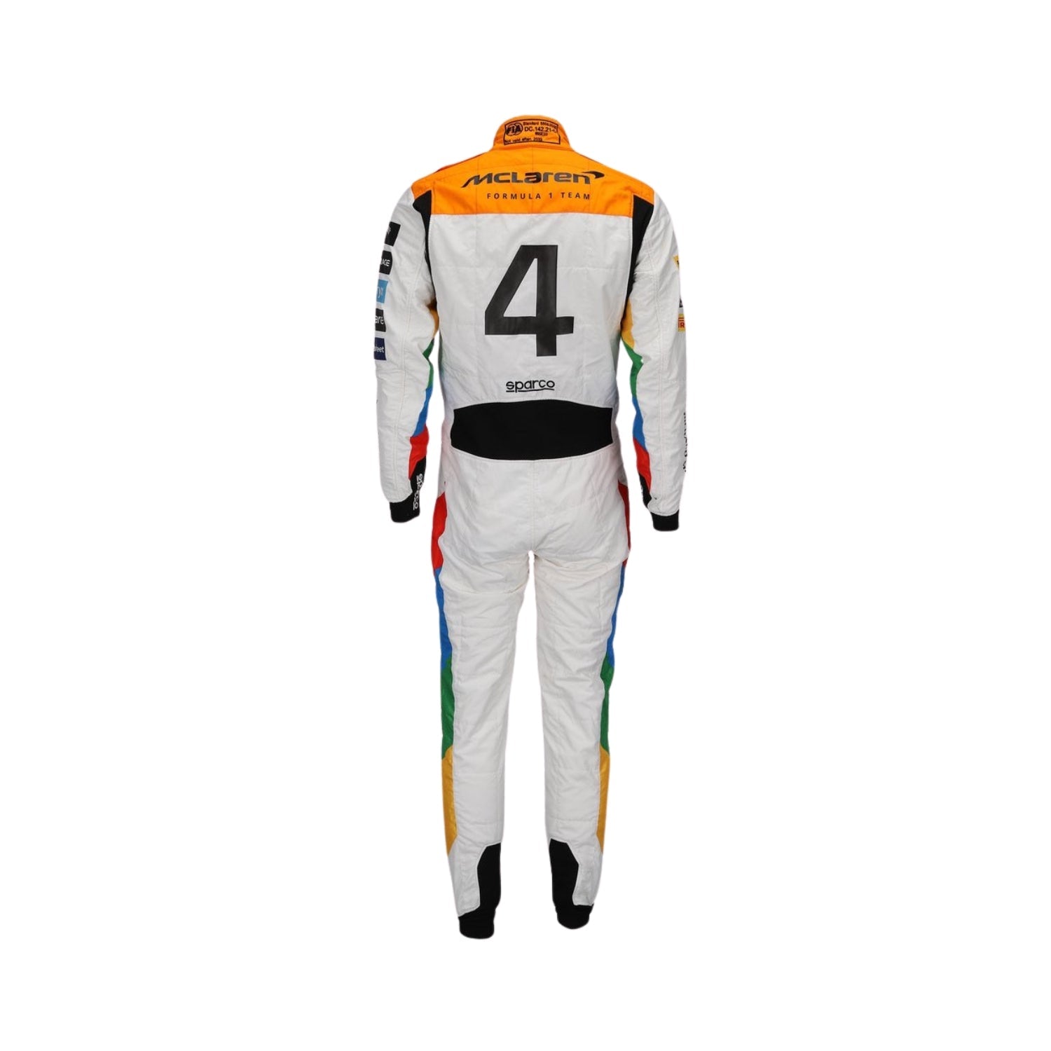 Rear angle of the 2023 Silverstone F1 suit worn by Lando Norris, featuring sleek ventilation and commemorative stitching.