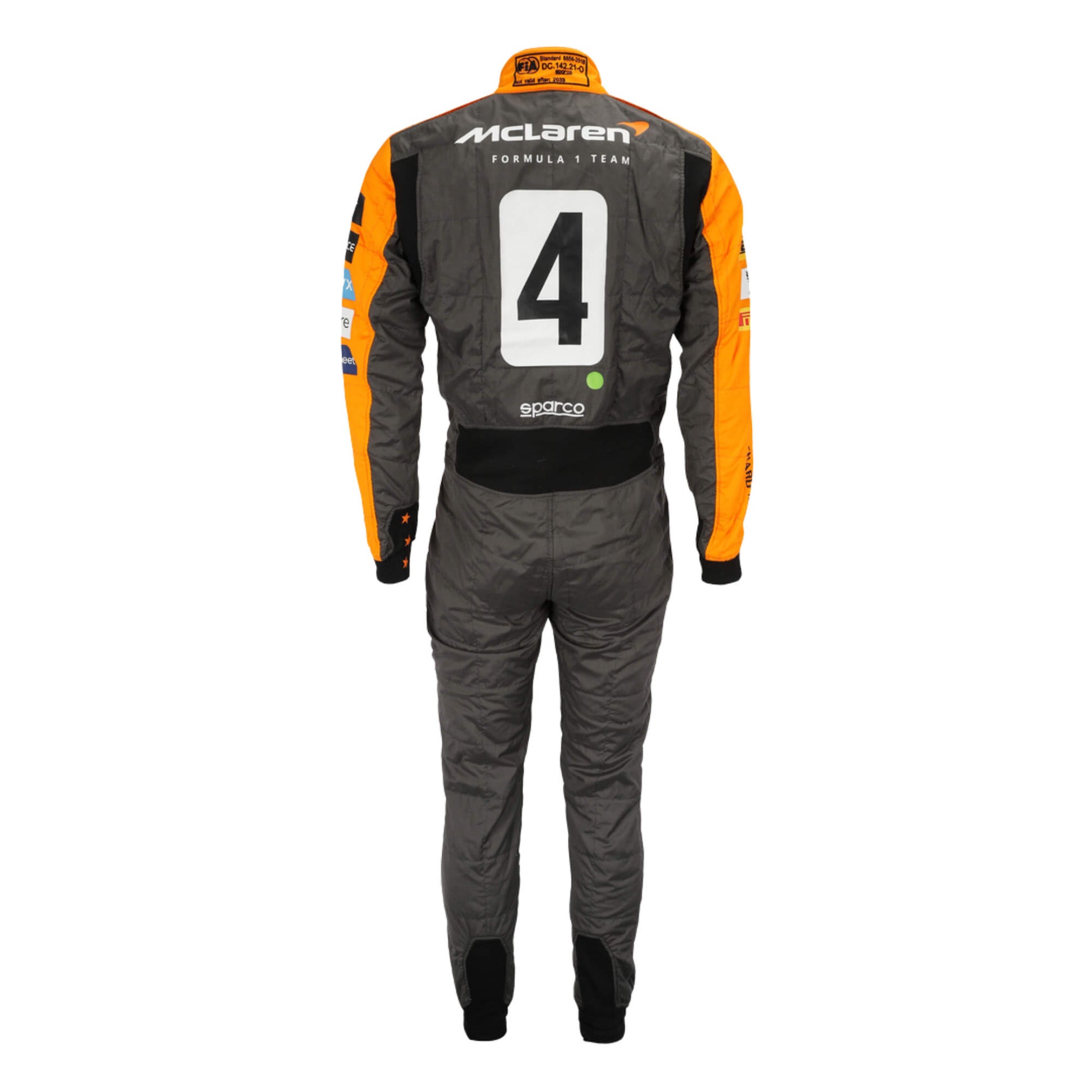 Rear view of the 2023 Spanish GP suit for Lando Norris, highlighting precision-placed patterns and lightweight construction.