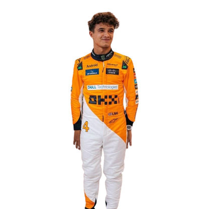 Detailed stitching and logo placement on Lando Norris 2024 Singapore GP papaya F1 suit