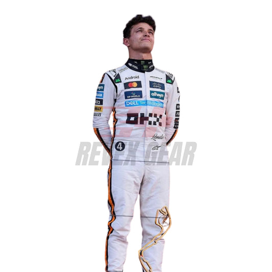 Front view of the 2025 Monaco GP white race suit worn by Lando Norris featuring classic black number in circle on a retro-inspired all-white base.