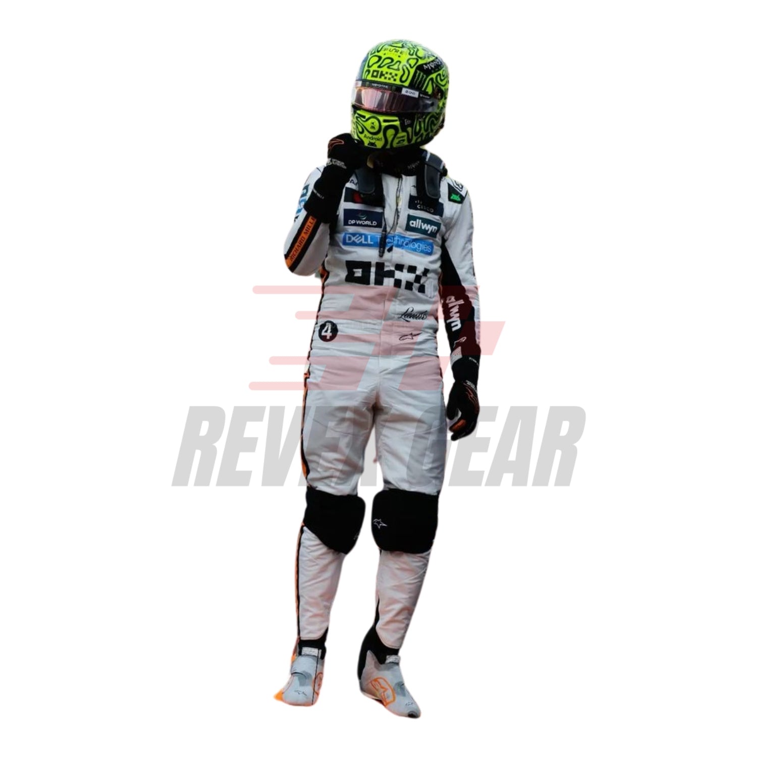 Front view of the 2025 Monaco GP white race suit worn by Lando Norris featuring classic black number in circle on a retro-inspired all-white base.