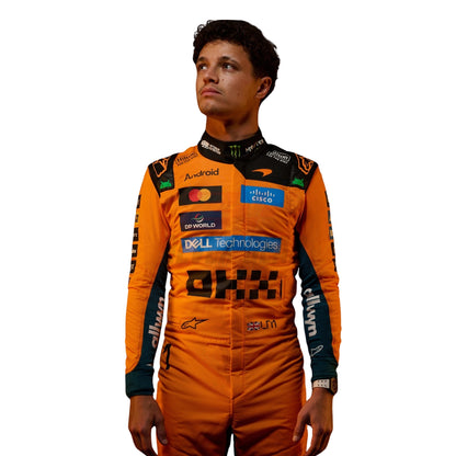 Close up of Lando Norris 2026 racing suit showing championship detailing and brand patches - Revex Gear