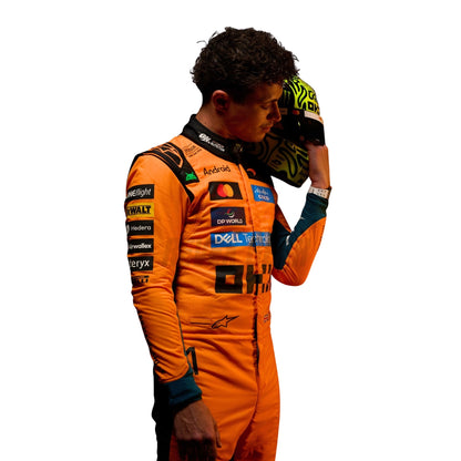 Side profile of 2026 Lando Norris racing suit displaying sleeve sponsors and team colors -Revex Gear