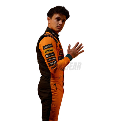 Side profile of 2026 Lando Norris racing suit displaying sleeve sponsors and team colors - Revex Gear