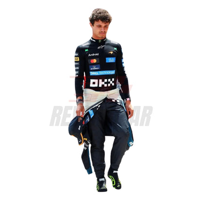 Front View of Lando Norris wearing a McLaren Monaco GP F1 racing suit with various sponsor logos - Revex Gear