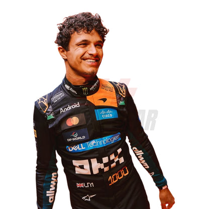 Close up View of Lando Norris wearing a McLaren Monaco GP F1 racing suit with various sponsor logos - Revex Gear