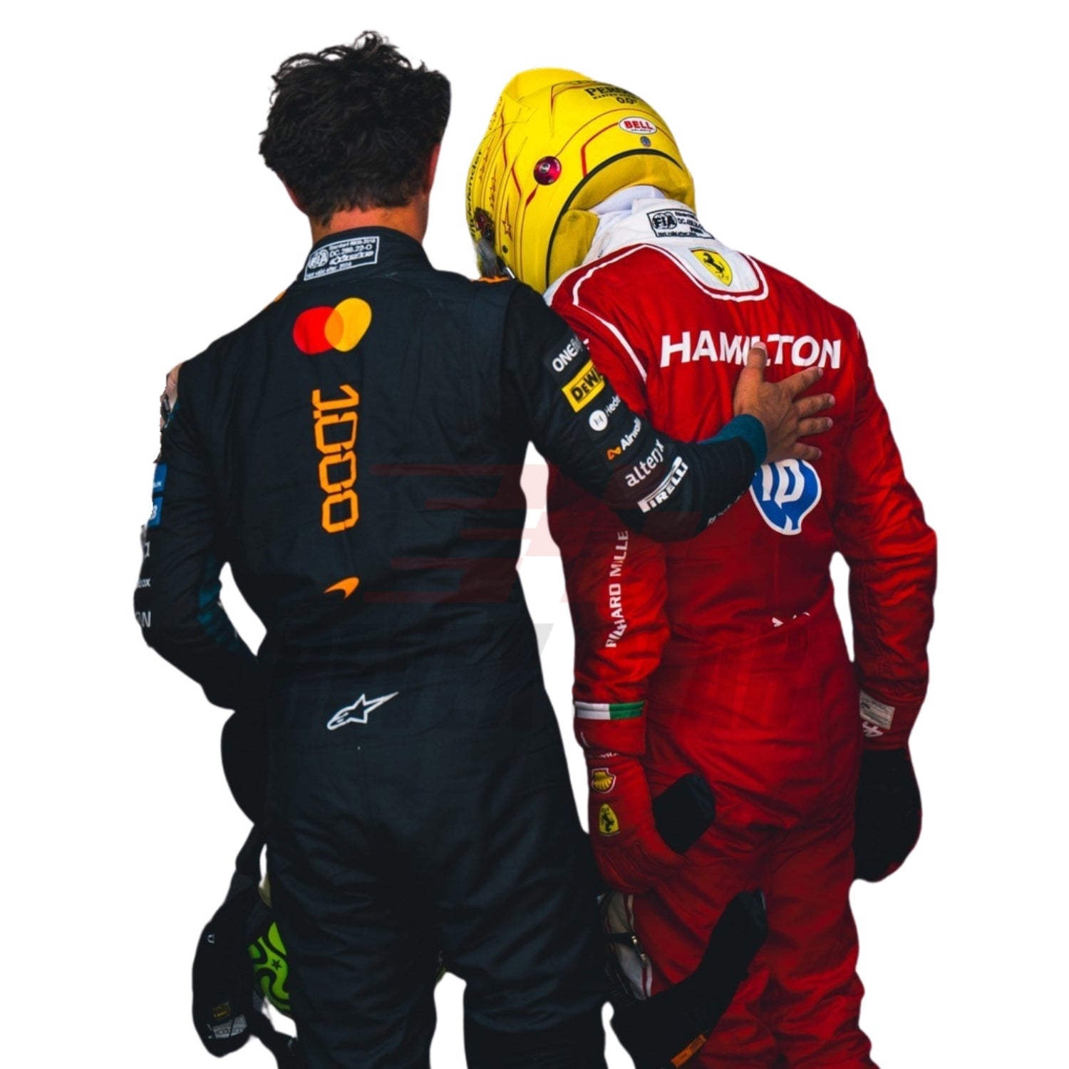Back View of Two Formula 1 drivers, Lando Norris and Lewis Hamilton, in 2026 Monaco GP racing suits with visible branding - Revex Gear