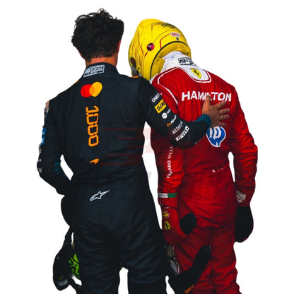 Back View of Two Formula 1 drivers, Lando Norris and Lewis Hamilton, in 2026 Monaco GP racing suits with visible branding - Revex Gear