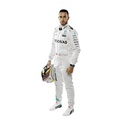 Lewis Hamilton’s 2017 F1 racing suit, front view with detailed sponsor embroidery, sleek design, and a tailored fit for optimum performance