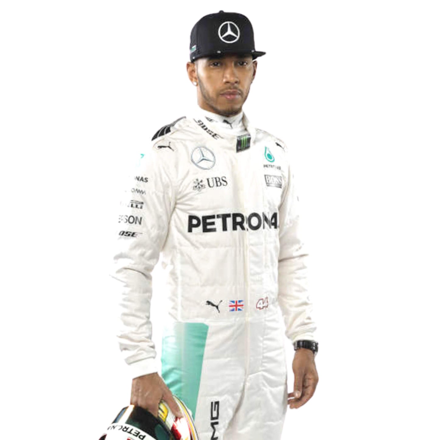 Close-up of the chest area on Lewis Hamilton’s 2017 racing suit, highlighting sponsor logos and high-quality embroidery