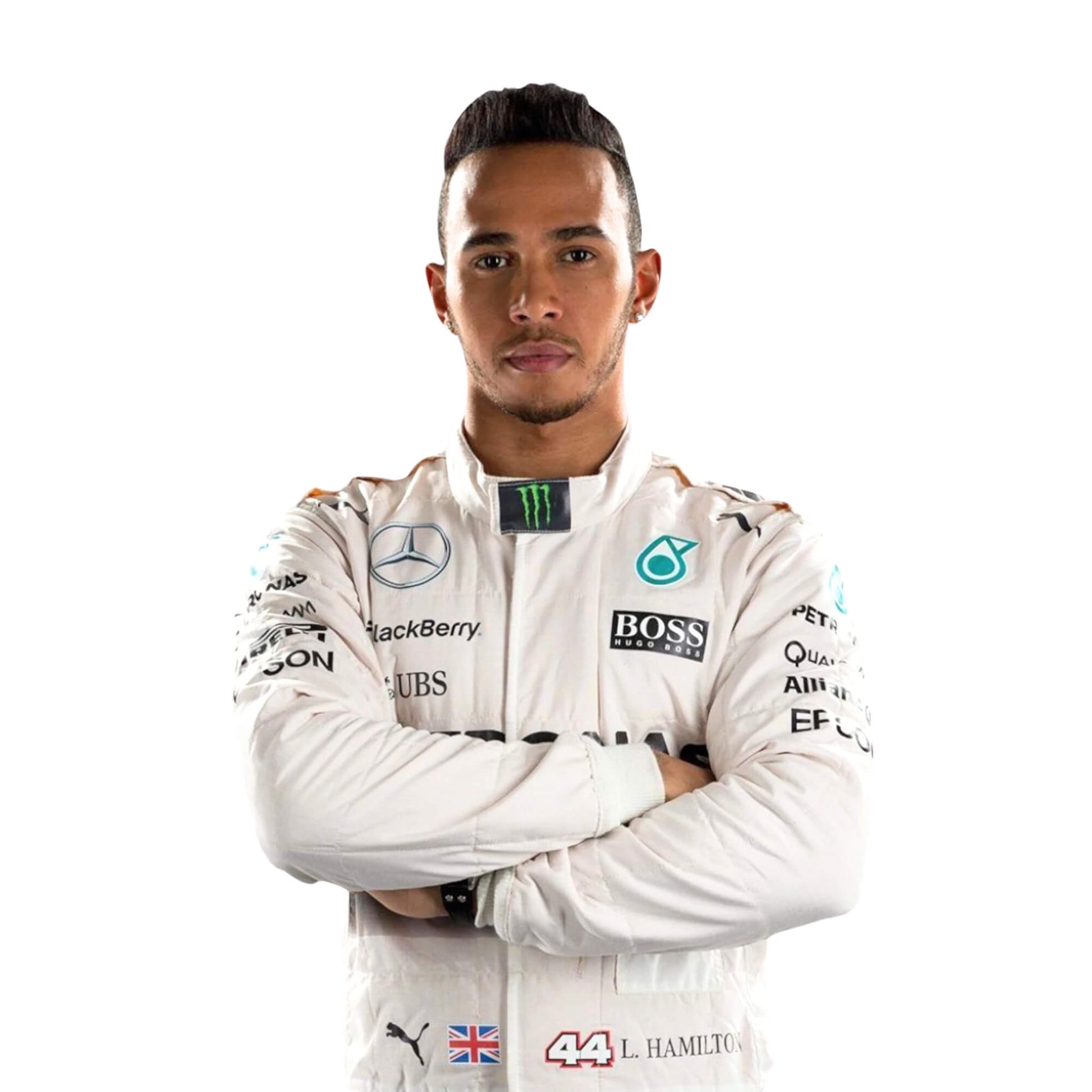 Close-up of the chest area of Lewis Hamilton’s 2018 F1 racing suit, focusing on the embroidered sponsor logos and breathable fabric for superior comfort during intense race conditions.