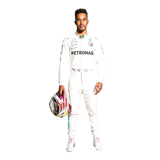 Full-body view of Lewis Hamilton’s 2018 F1 racing suit, designed for high performance, featuring sponsor logos and a custom fit for enhanced agility and comfort during races.
