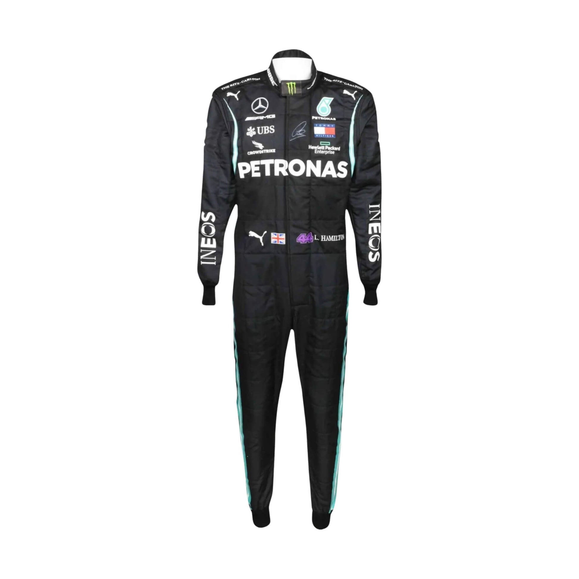 Front view of Lewis Hamilton 2020 F1 racing suit – sleek black design with silver detailing,