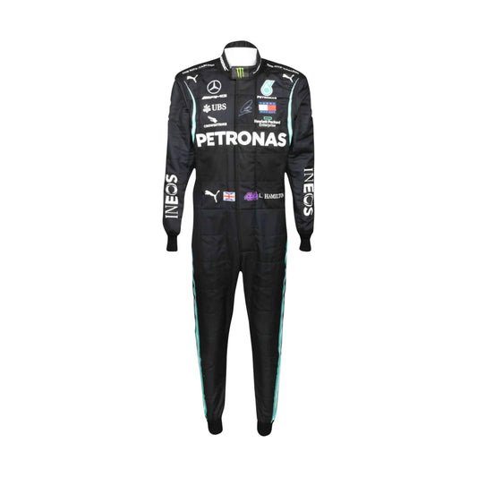Front view of Lewis Hamilton 2020 F1 racing suit – sleek black design with silver detailing,