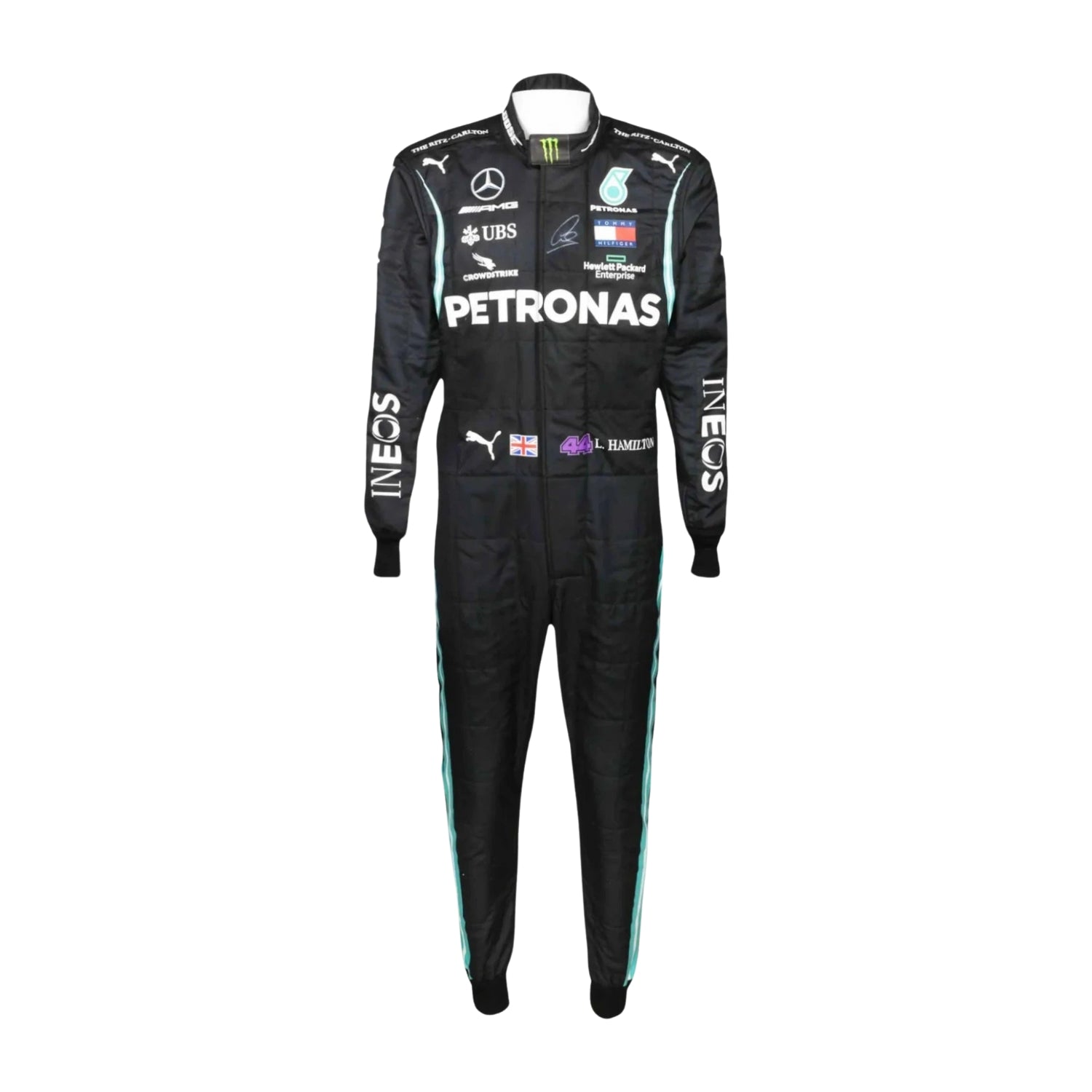 Front view of Lewis Hamilton’s 2020 F1 racing suit in black with turquoise accents, symbolizing his powerful and historic championship season.