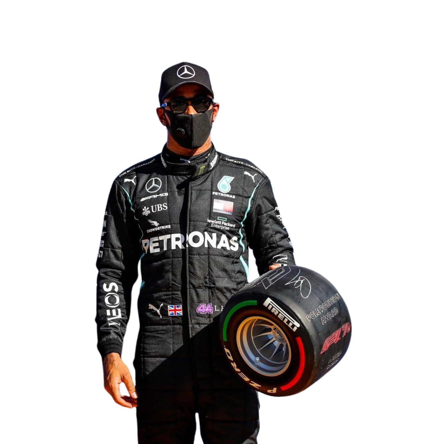 Close-up of Lewis Hamilton’s 2020 F1 suit revealing black fabric with turquoise stitching and sponsor details, worn during his legendary seventh title run.