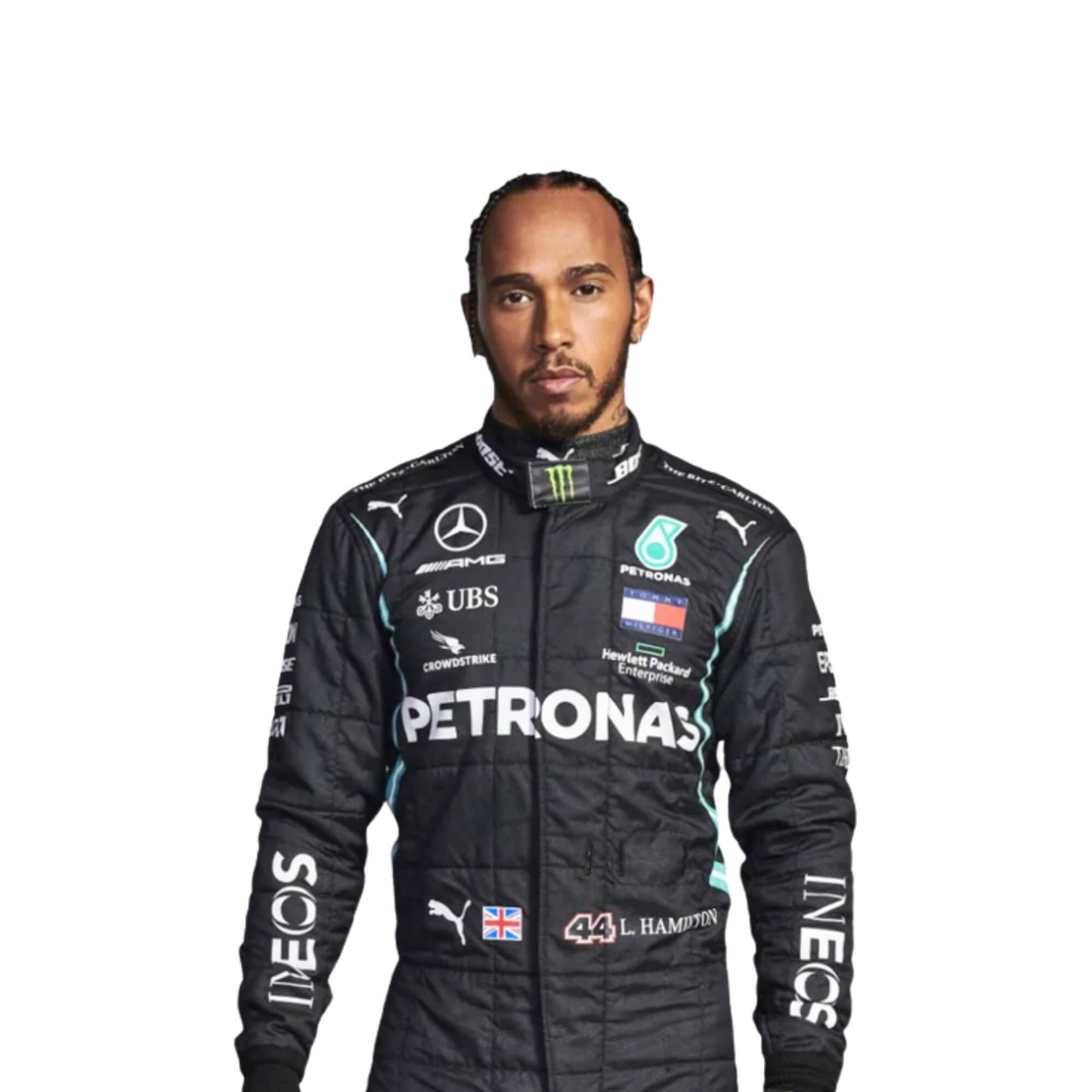 Close-up of Lewis Hamilton 2021 F1 Suit showing fabric texture and embroidery detail