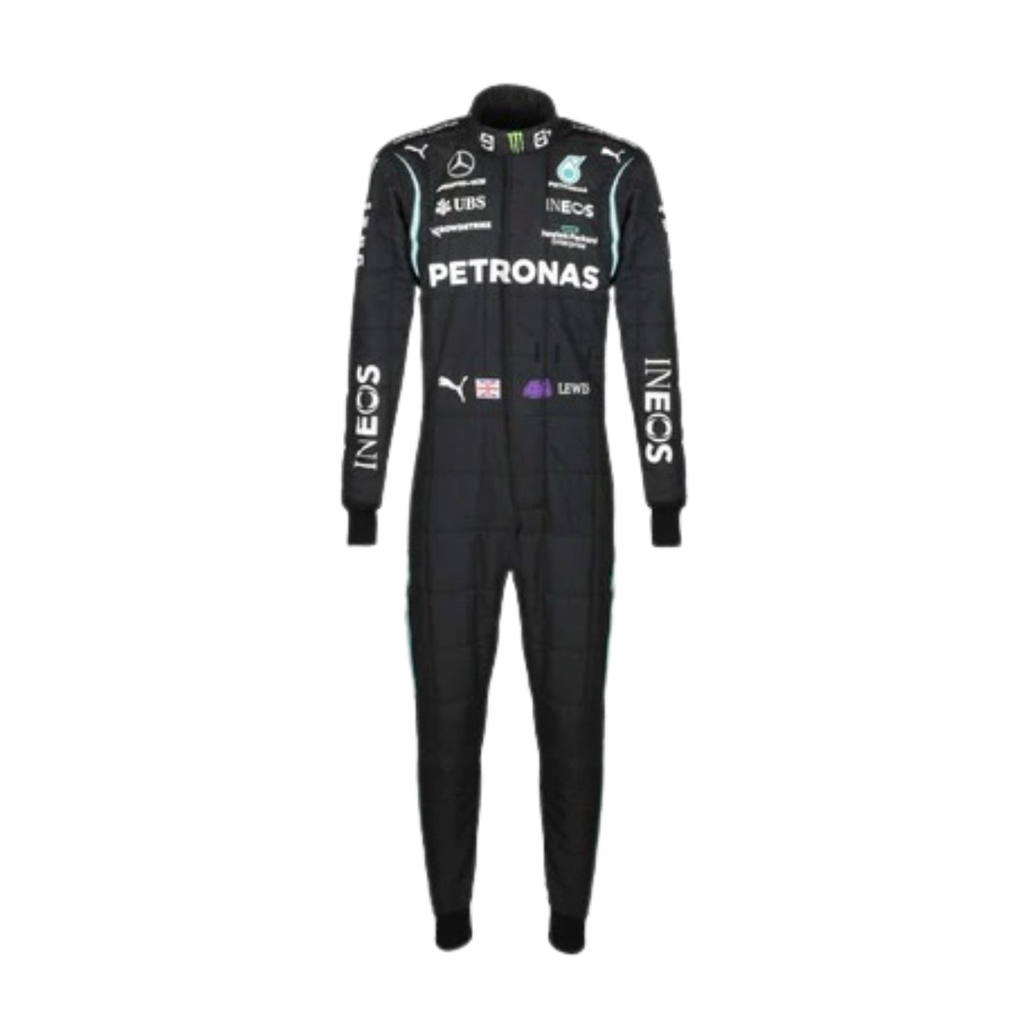 Lewis Hamilton 2021 F1 Racing Suit Front View with detailed sponsor patches and black-green color scheme