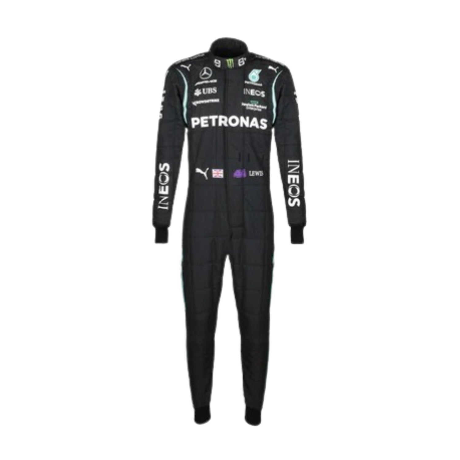Lewis Hamilton 2021 F1 Racing Suit Front View with detailed sponsor patches and black-green color scheme