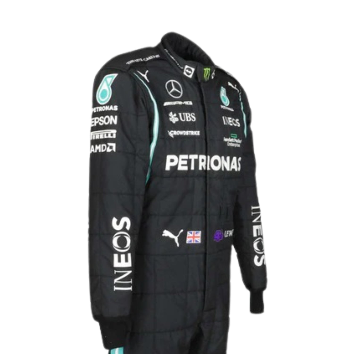 Side profile of Lewis Hamilton 2021 racing suit featuring stretch panels and aerodynamic fit