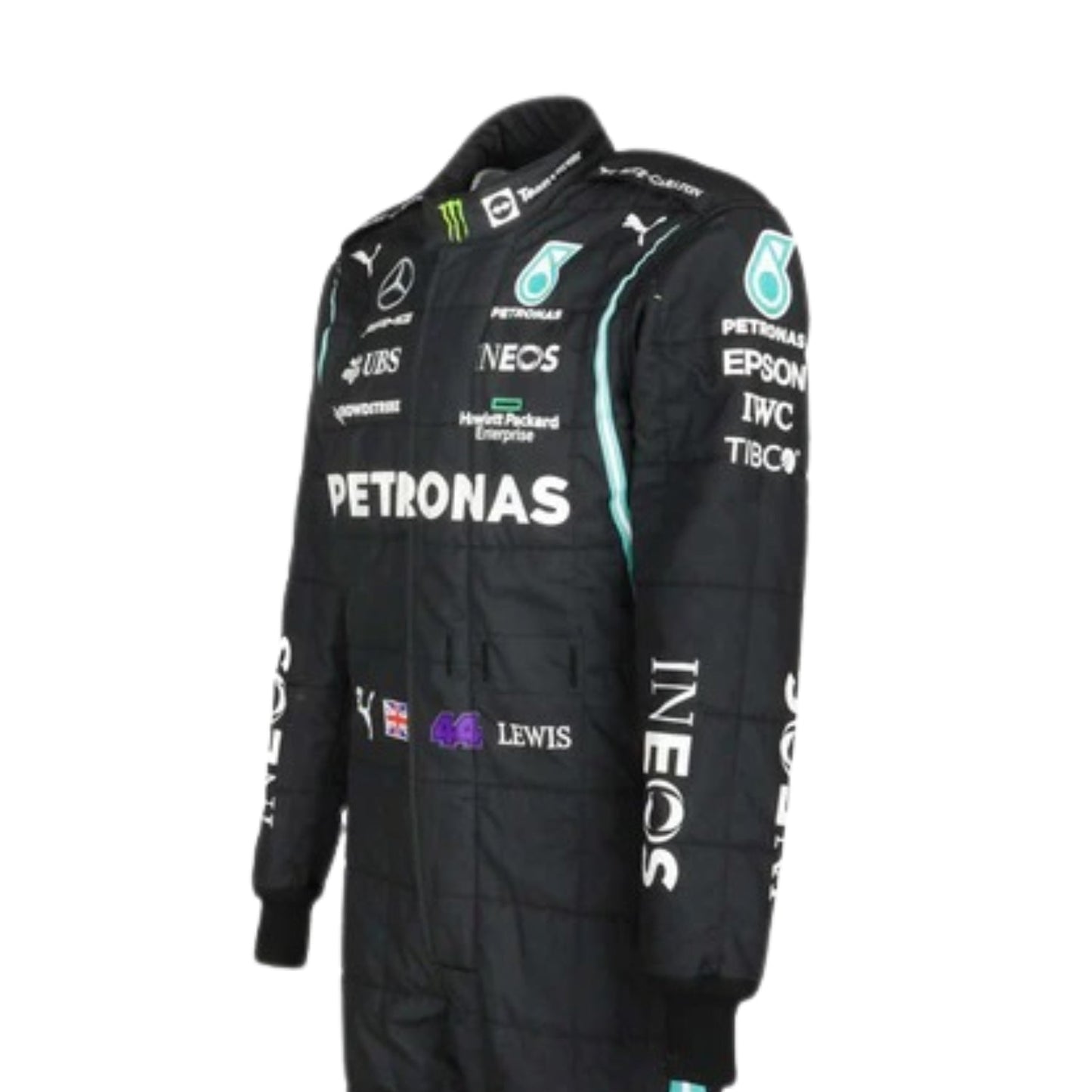 Side profile of Lewis Hamilton 2021 racing suit featuring stretch panels and aerodynamic fit