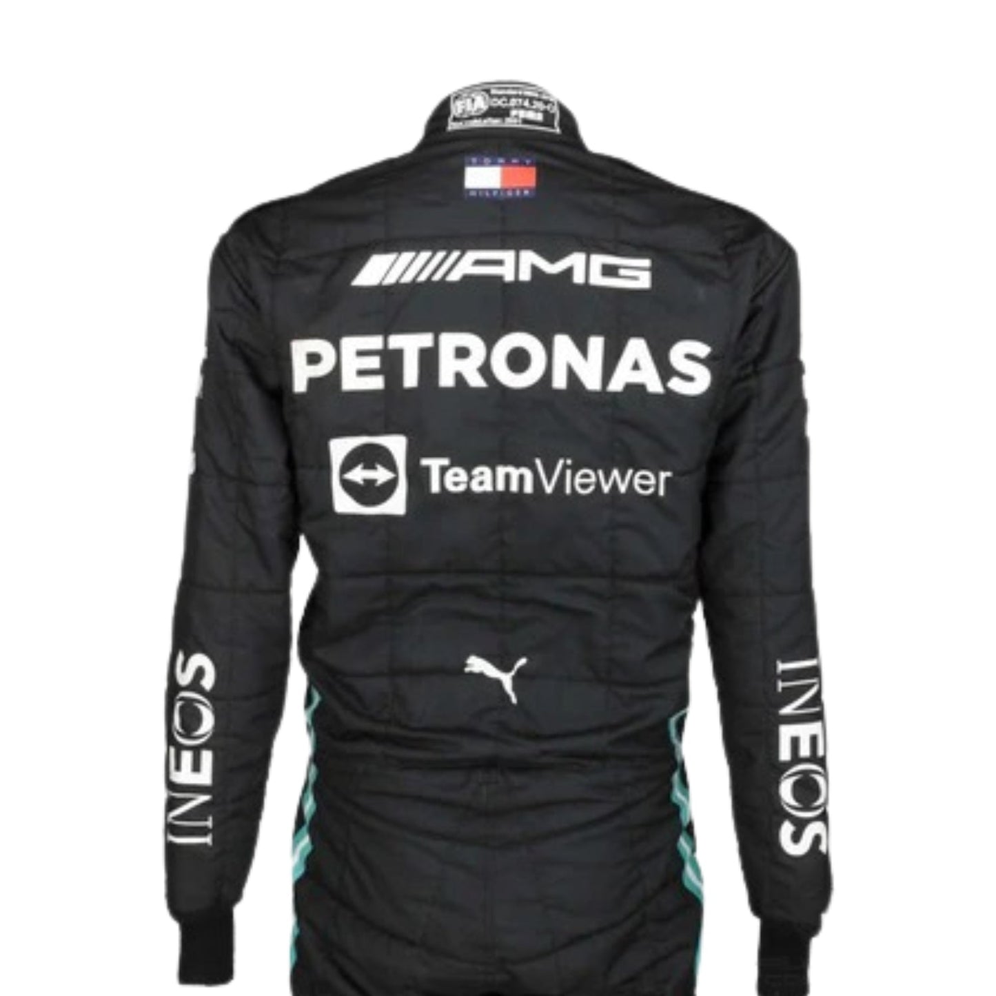 Back design of 2021 Lewis Hamilton F1 Racing Suit showcasing name print and racing graphics