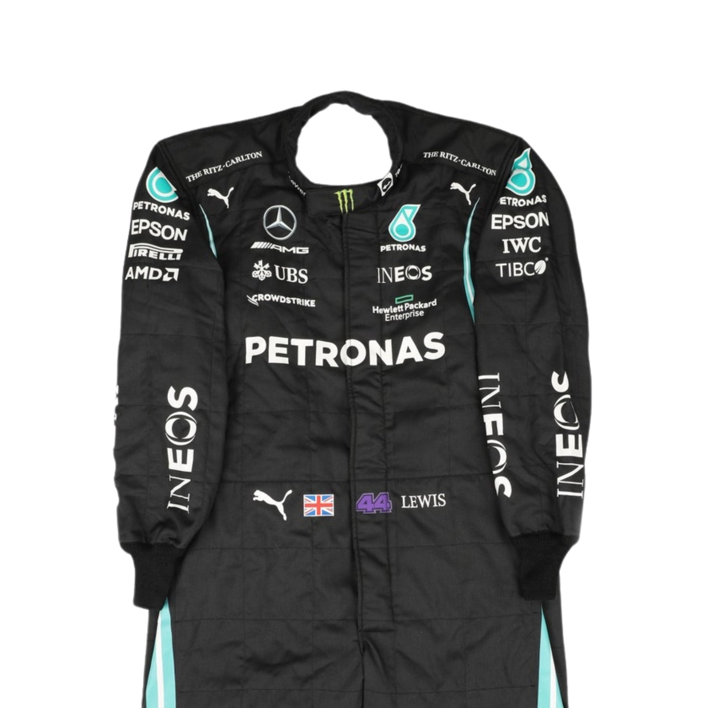 Close-up of Lewis Hamilton 2021 F1 Suit showing fabric texture and embroidery detail