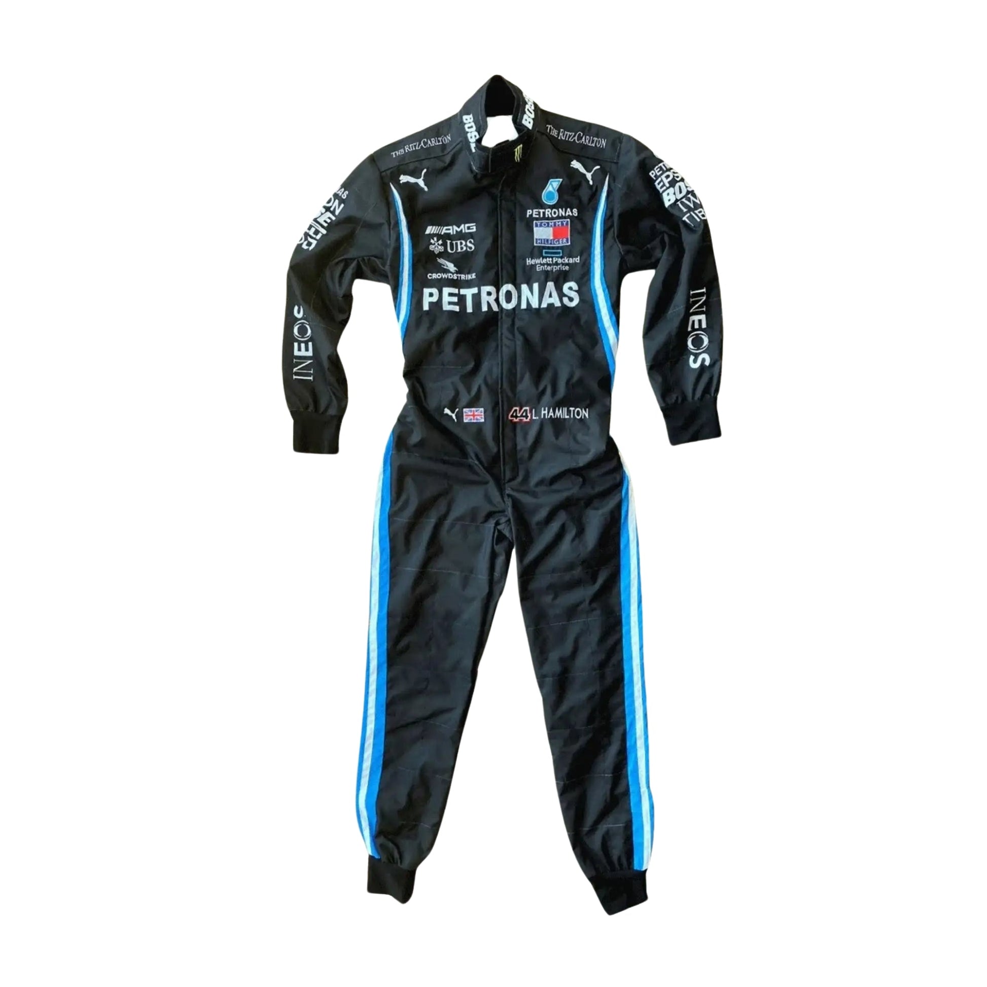 2022 Lewis Hamilton Mercedes AMG Petronas F1 Replica Race Suit Front View, Black and Silver Design, Embroidered Petronas and AMG Logos