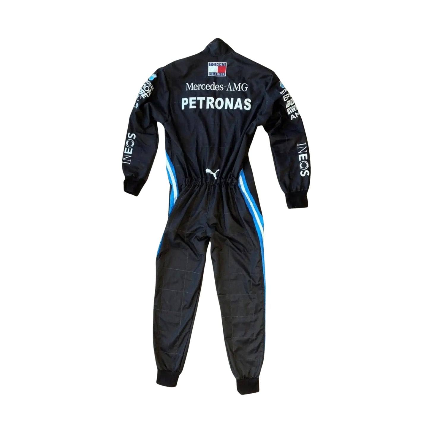 2022 Lewis Hamilton Mercedes AMG Petronas F1 Replica Race Suit Back View, Sponsor Logos, FIA Certification, Adjustable Waistband