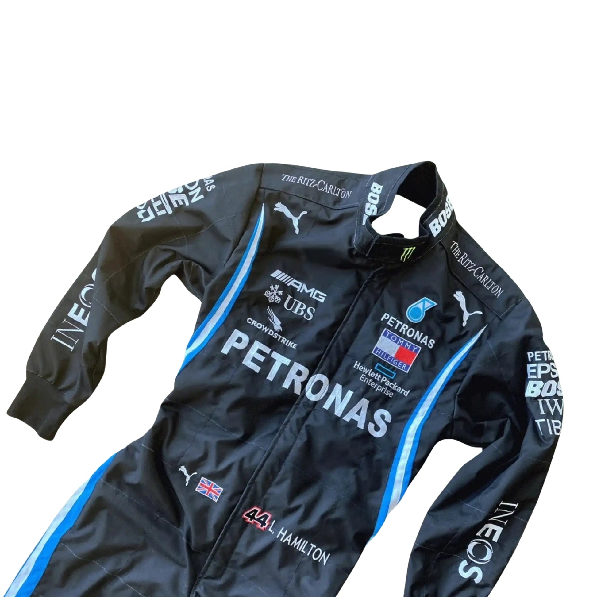 2022 Lewis Hamilton Mercedes AMG Petronas F1 Replica Race Suit Half Front, Embroidered Details, AMG Petronas Logo on Chest