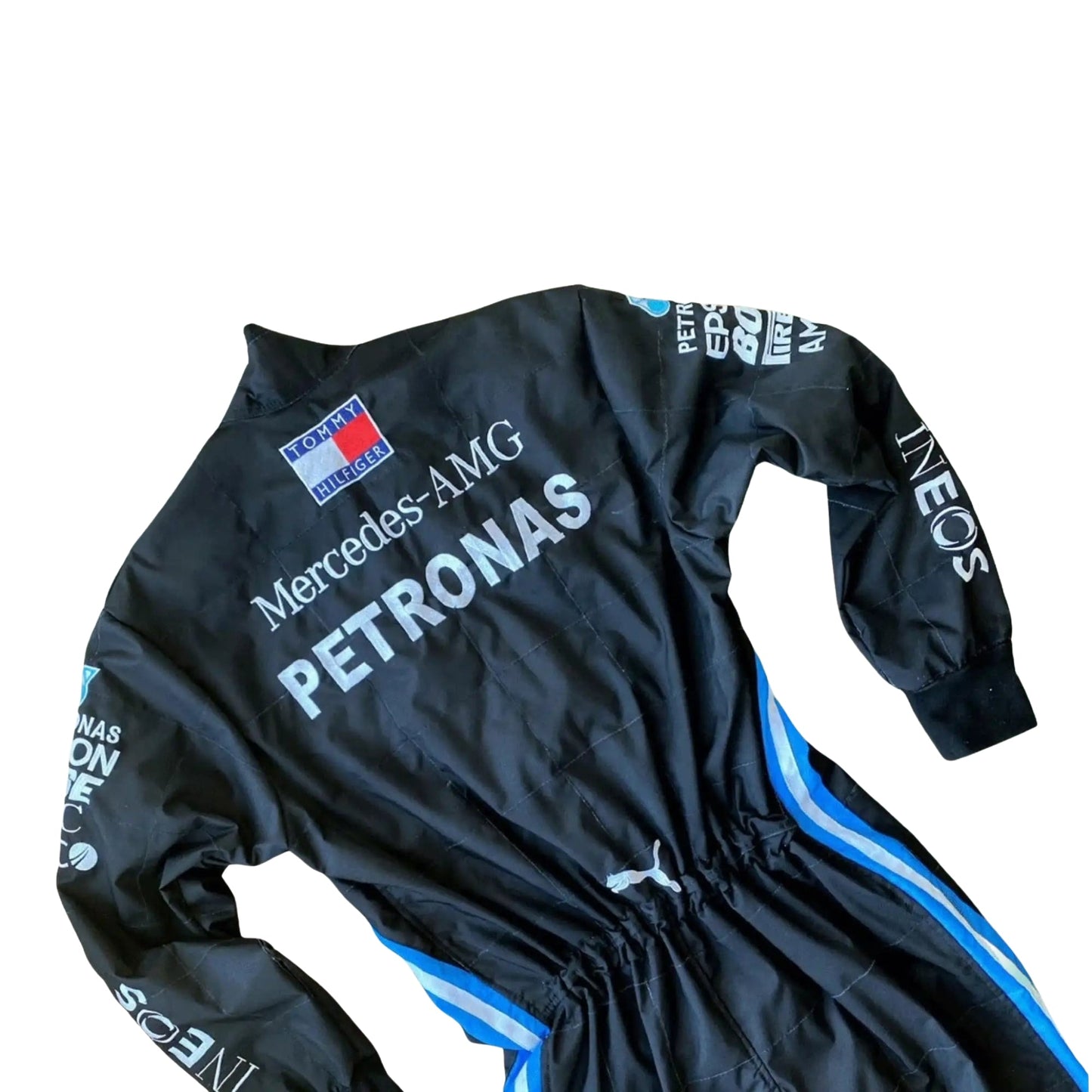 2022 Lewis Hamilton Mercedes AMG Petronas F1 Replica Race Suit Half Back View, Embroidered Sponsor Logos, Stylish Black Design