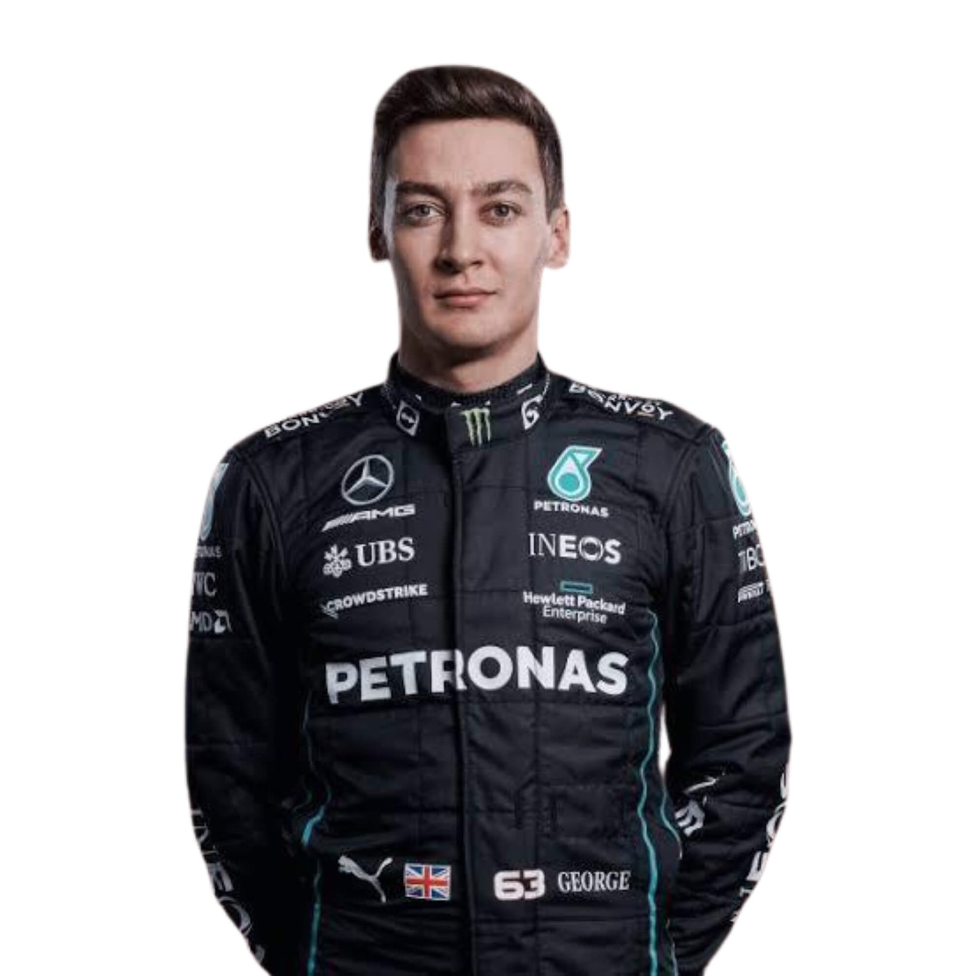 Front profile of George Russell 2022 F1 suit – aerodynamic styling with black base and turquoise highlights.