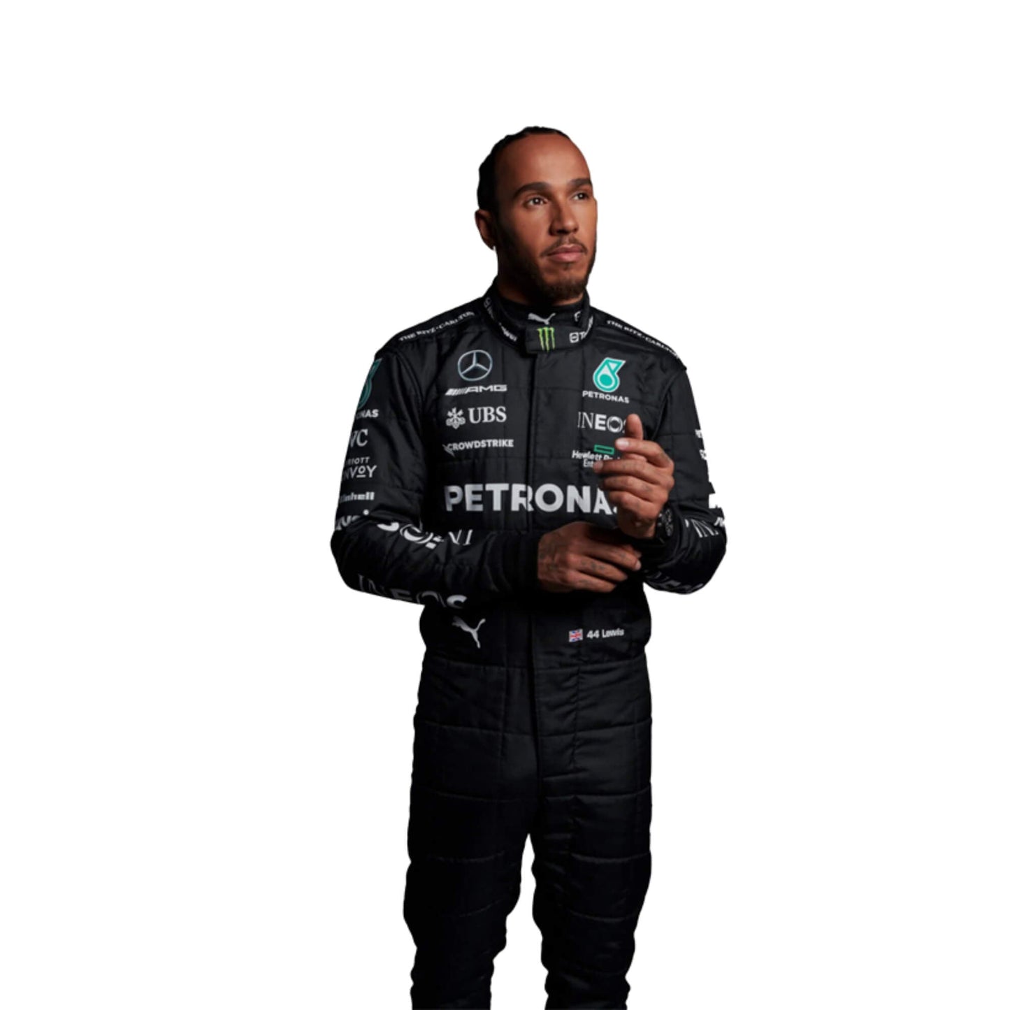 Close-up of Hamilton’s 2023 F1 suit detailing the fabric texture and fine stitching, with clear sponsor placements.