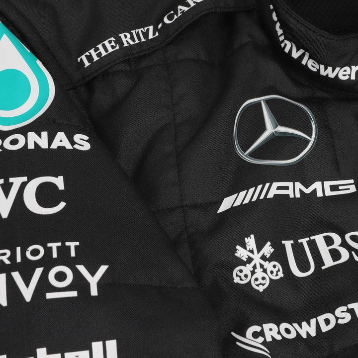 Close-up of Hamilton’s 2023 F1 suit detailing the fabric texture and fine stitching, with clear sponsor placements.