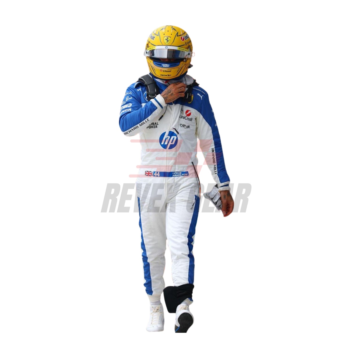 Front view of the 2025 F1 racing suits worn by Lewis Hamilton at the Miami GP, showcasing sleek aerodynamic design with tropical-inspired detailing and precision sponsor placement.