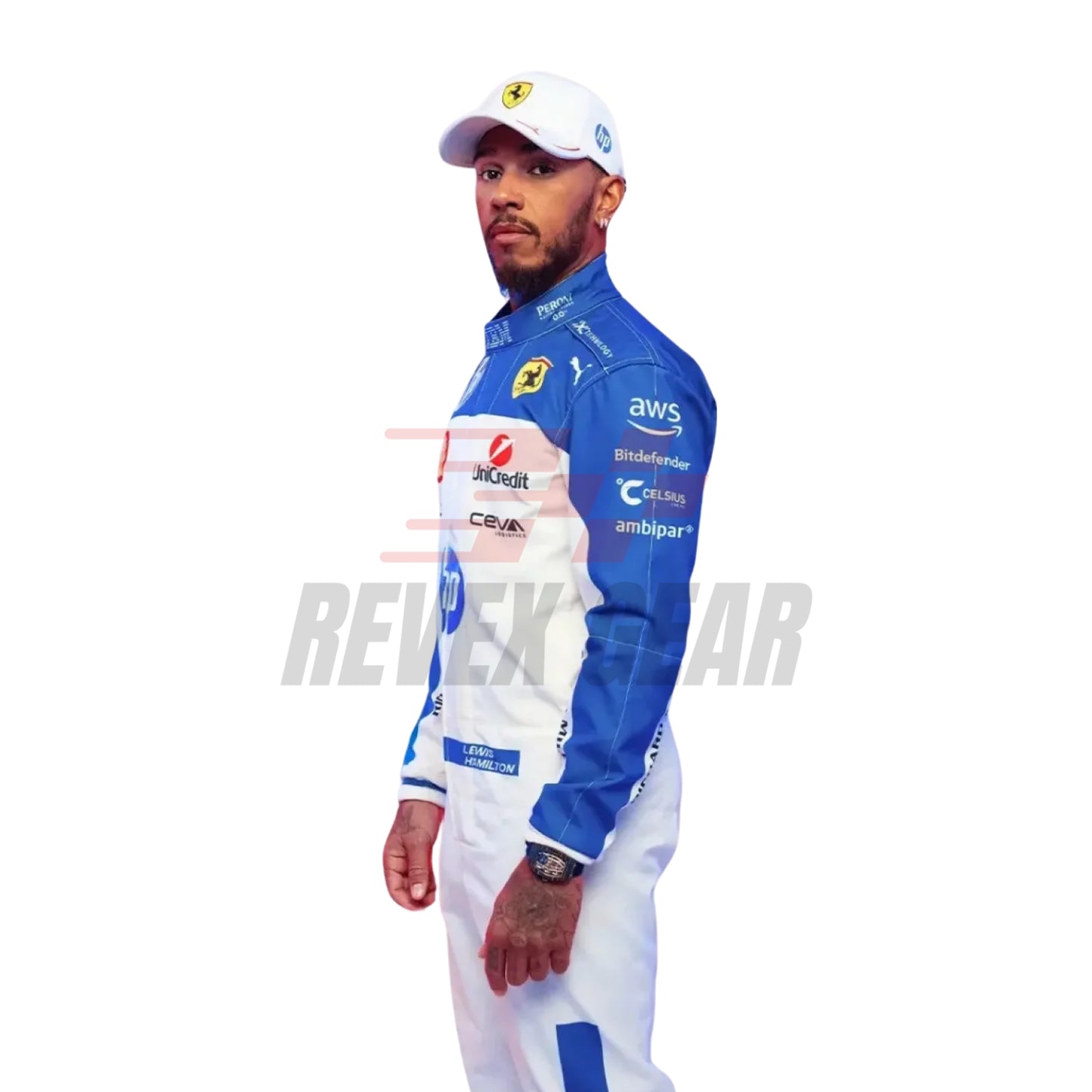 Detailed close-up of the Miami GP 2025 racing suit materials, including high-contrast stitching, driver name embroidery, and premium patches tailored for Hamilton.