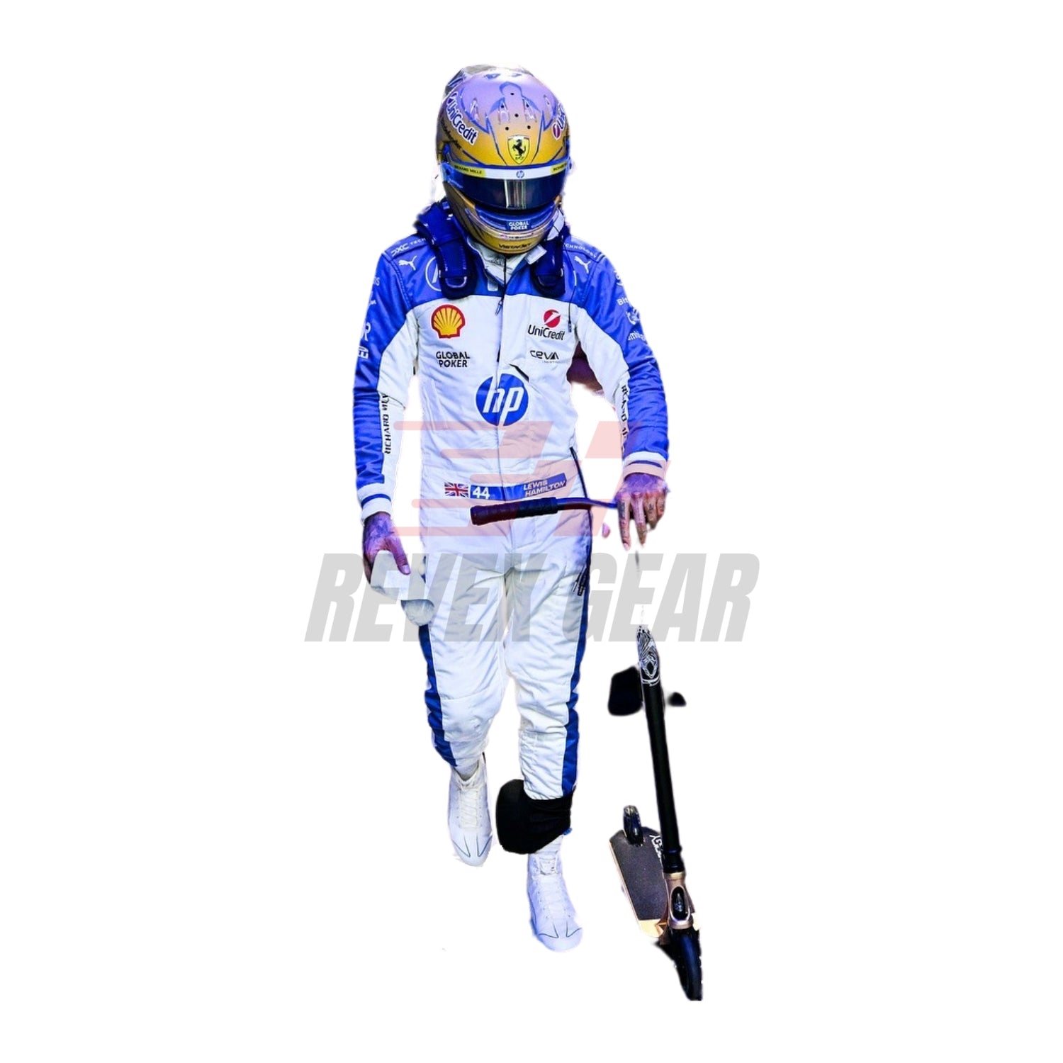 Front view of the 2025 F1 racing suits worn by Lewis Hamilton at the Miami GP, showcasing sleek aerodynamic design with tropical-inspired detailing and precision sponsor placement.