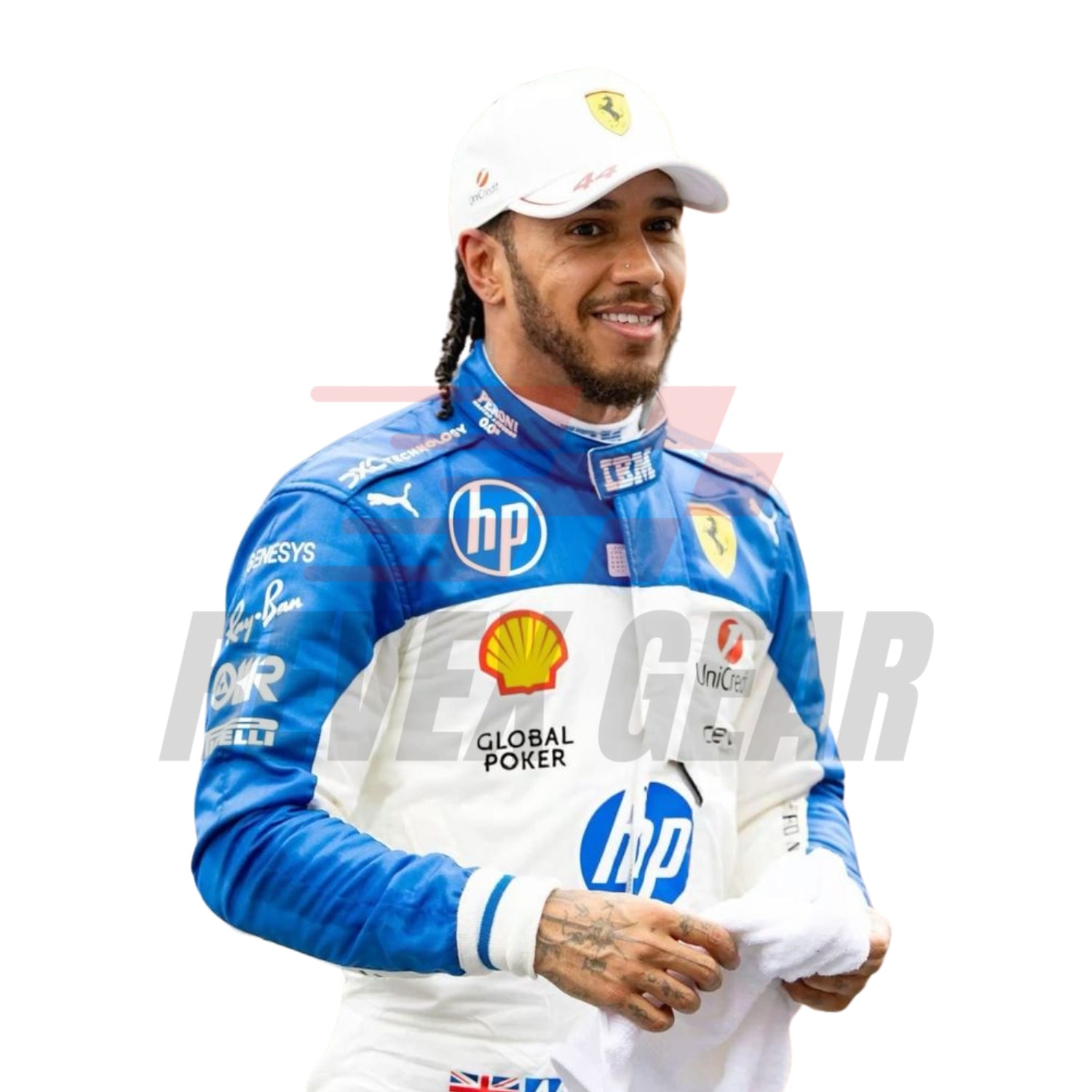 Detailed close-up of the Miami GP 2025 racing suit materials, including high-contrast stitching, driver name embroidery, and premium patches tailored for Hamilton.