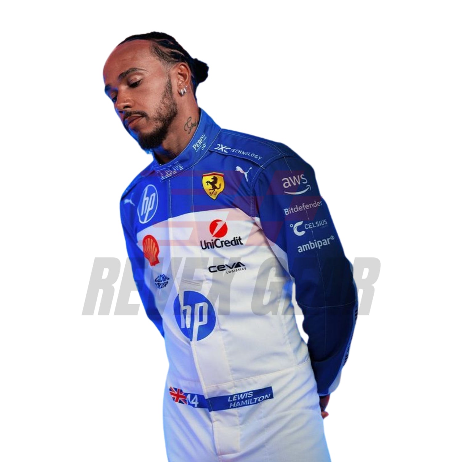 Detailed close-up of the Miami GP 2025 racing suit materials, including high-contrast stitching, driver name embroidery, and premium patches tailored for Hamilton.
