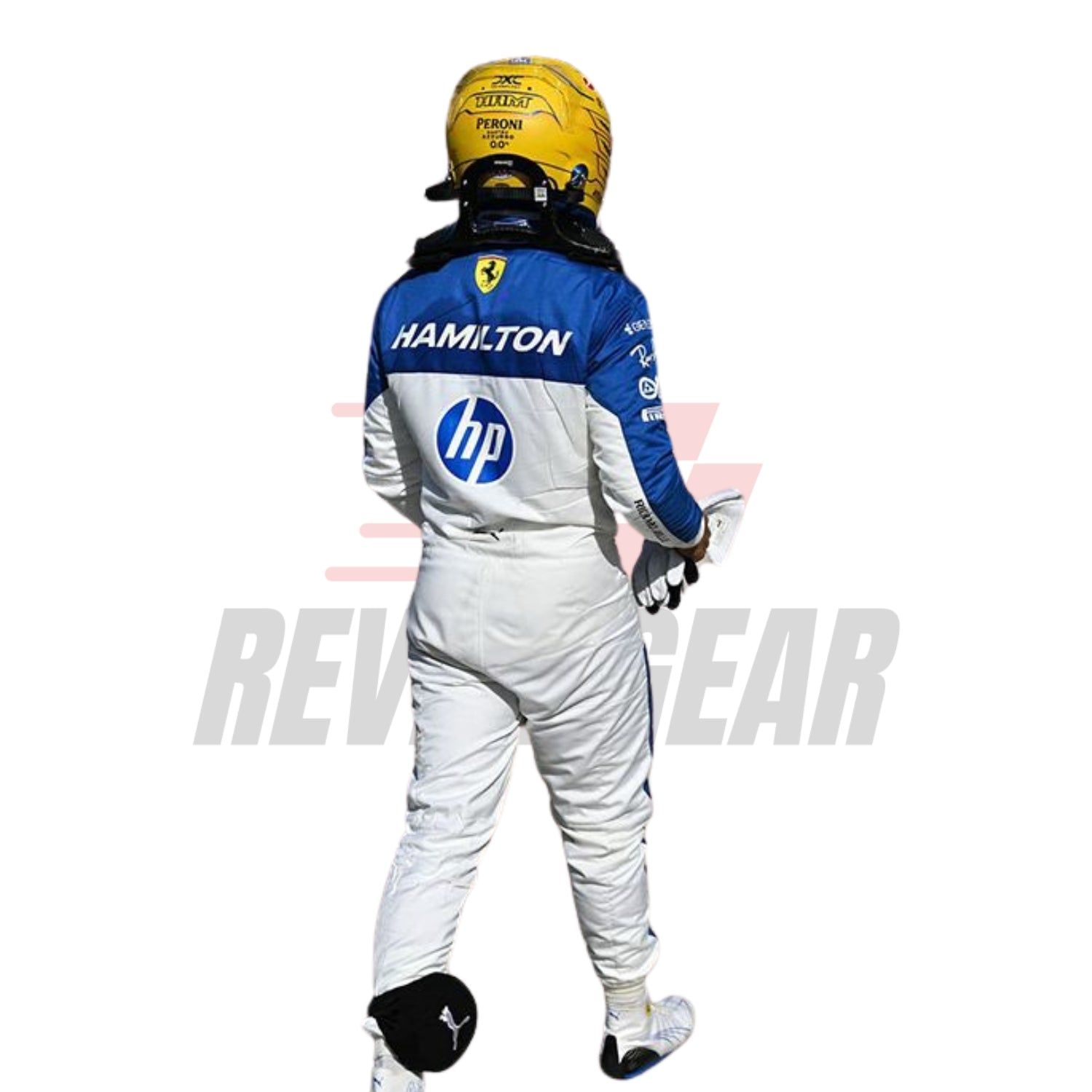 Rear view of Lewis Hamilton’s Miami GP 2025 suits featuring form-fitted tailoring, palm-themed graphics, and team branding near the lower back and collar.