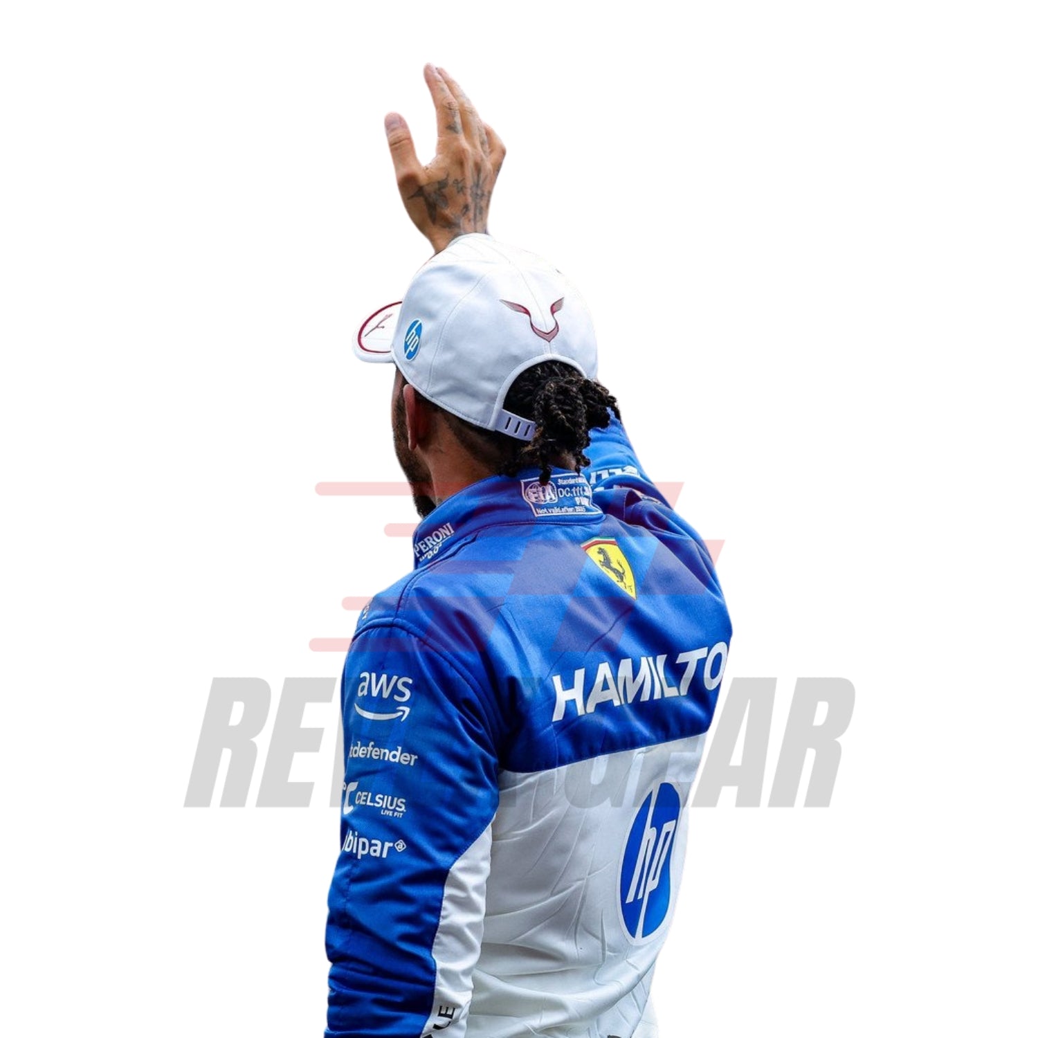 Rear view of Lewis Hamilton’s Miami GP 2025 suits featuring form-fitted tailoring, palm-themed graphics, and team branding near the lower back and collar.
