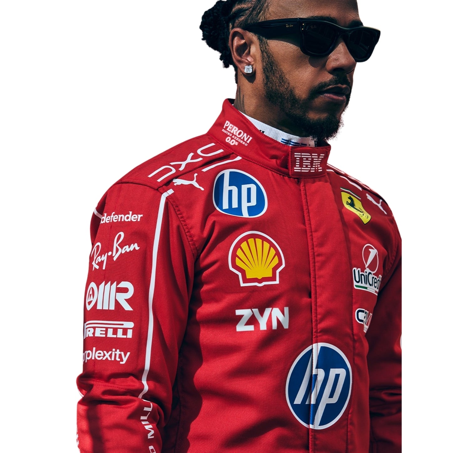 Lewis Hamilton Wearing 2026 Italian GP F1 Racing Suit with multiple sponsor logos, including HP, Shell, Pirelli, and Ray-Ban, photographed against a plain white background.