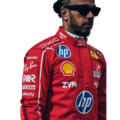 Lewis Hamilton Wearing 2026 Italian GP F1 Racing Suit with multiple sponsor logos, including HP, Shell, Pirelli, and Ray-Ban, photographed against a plain white background.