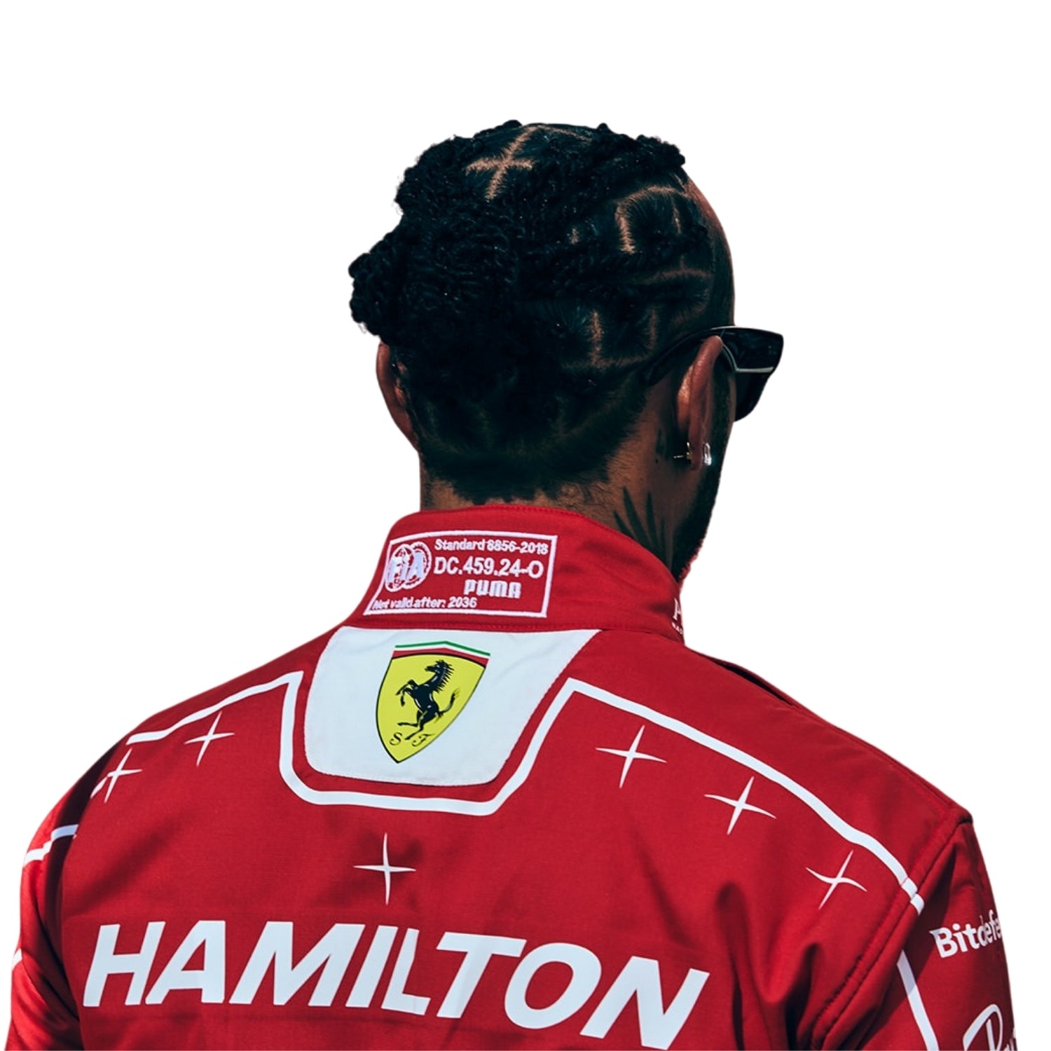 Rear view of Lewis Hamilton Wearing 2026 Italian GP F1 Racing Suitt with 'HAMILTON' printed across the back, featuring the Ferrari shield logo and sponsor patches, on a plain white background.